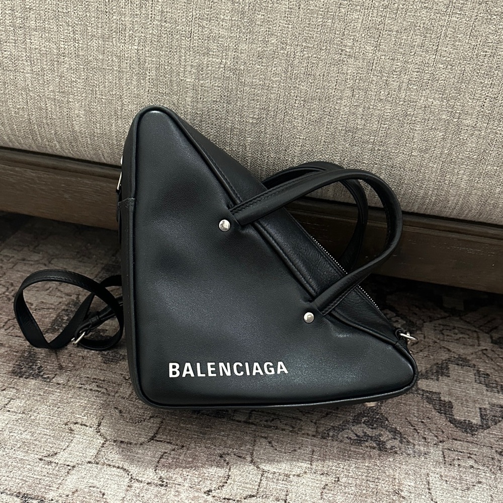 Balenciaga Black Triangular Leather Handbag with White Logo